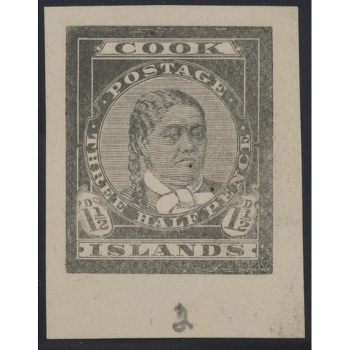 139 - Cook Is. 1893 1½d Makea progressive die proof in black on wove paper, with uncleared surround and on... 