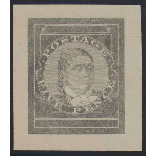 140 - Cook Is. 1893 Makea 5d die proof, in grey-black on wove paper, with uncleared frame surrounds, count... 