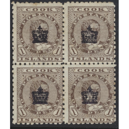 154 - Cook Is. 1901 1d brown with Crown ovpt, unused block of 4. (SG 22) cat £760 (See photo) (S)