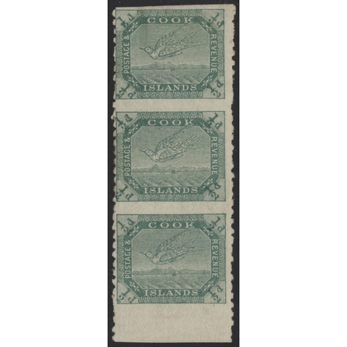 157 - Cook Is. 1902 ½d blue-green imperf between vert strip of 3 o.g. a very scarce and attractive item. (... 