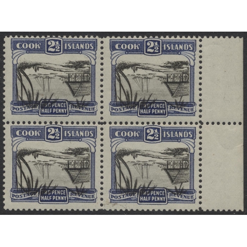 184 - Cook Is. 1932 2½d marginal mint block of 4, mtd on top two stamps only, showing var “Centre inv”. Th... 