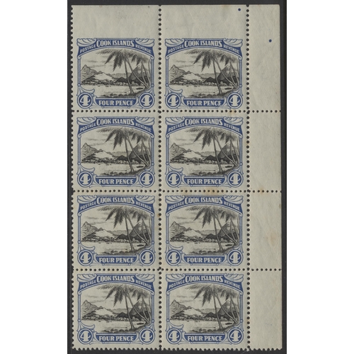 185 - Cook Is. 1932 P.14x13 4d corner marg block of 8 UM, top two stamps both imperf between stamp and mar... 