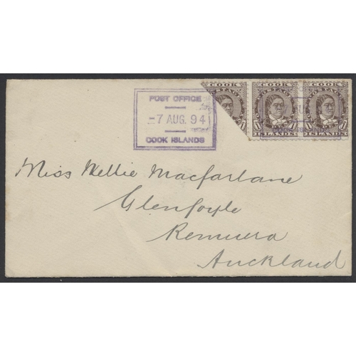 212 - Cook Is. 1894 cover to Auckland, franked by 1893-4 Makea 1d brown strip of two stamps plus a diagona... 