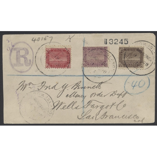 214 - Cook Is. 1898 (11 Oct) reg cover from Rarotonga to San Farncisco, brg 1896-1900 Torea 2d, 6d and 1/-... 