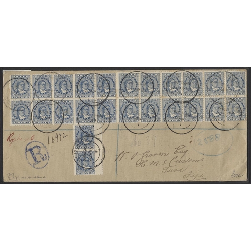 216 - Cook Is. 1903 large reg commercial env to Fiji, brg 1902 Makea 2½d blue x 24 (blocks of 10, 12 and a... 