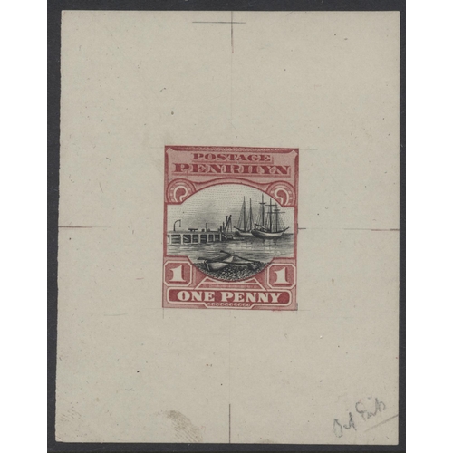 231 - Penrhyn. 1920 1d die proof in black and carmine, (54 x 69mm) endorsed 