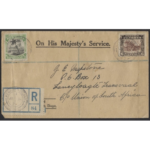 232 - Penrhyn. 1921 reg cover to South Africa brg 1920 ½d and 6d plus registration label no 84, together w... 