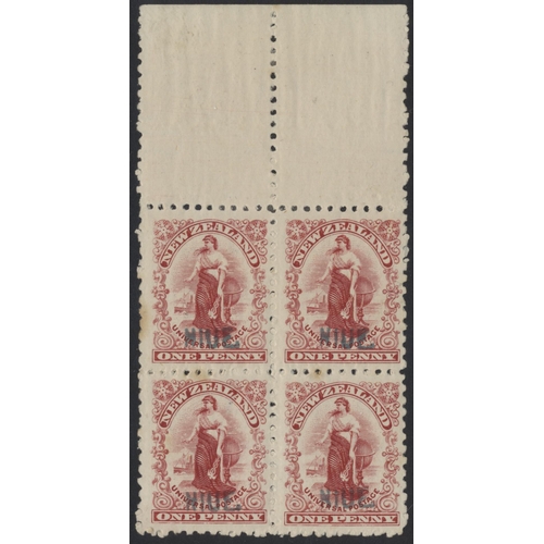 234 - Niue. 1902 1d carmine ovpt in green, top marg block of 4 M, a few light tone spots, but an extremely... 