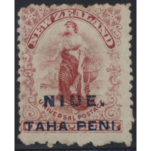 237 - Niue. 1902 Basted Mills 1d carmine, variety P. 11x14, large part o.g. with Brandon Cert (1994). this... 