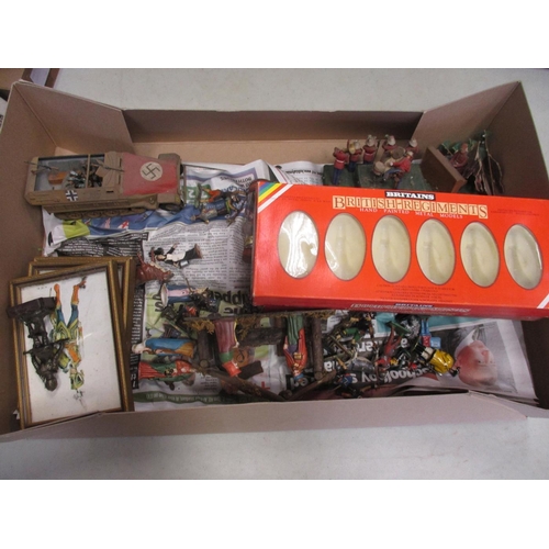 188 - Large unboxed collection of metal and plastic figures in 3 boxes, range of makers including Britains... 