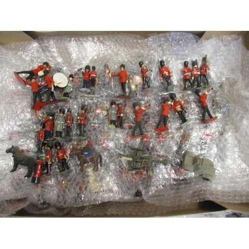 188 - Large unboxed collection of metal and plastic figures in 3 boxes, range of makers including Britains... 