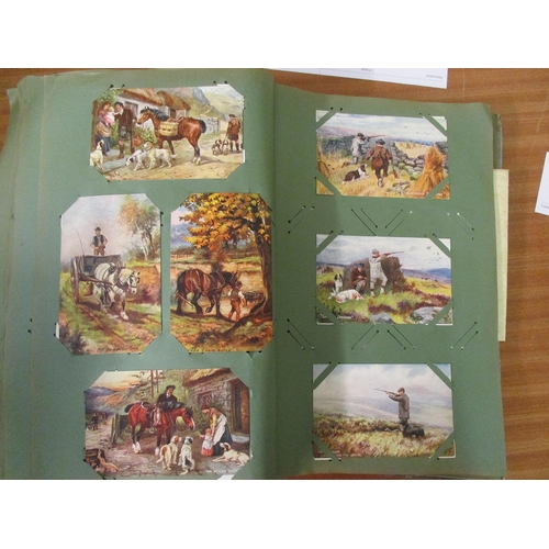 67 - Misc. coln. in large old album. Art type incl. many Tucks. Rural, flowers, horses incl. hunting scen... 