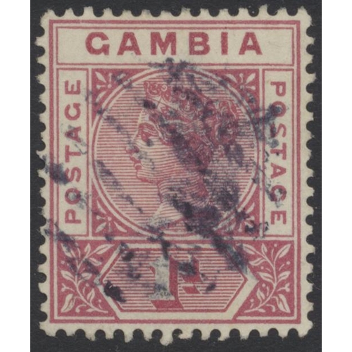 169 - Gambia. 1898-02 1d carmine with repaired S, U. (SG 38b) cat value (See photo) £425 (S)