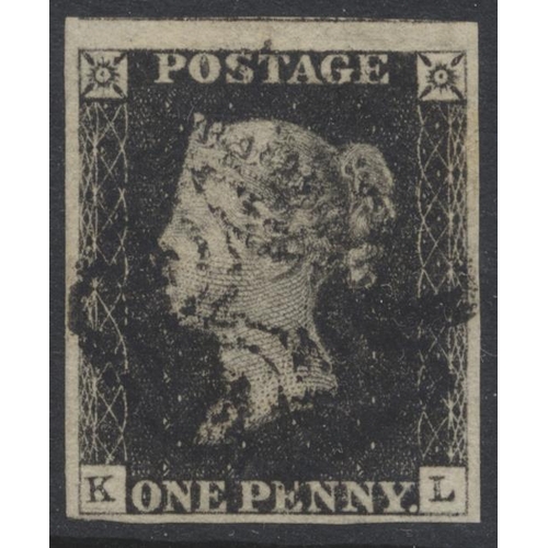 328 - 1840 1d black U, plate 4, KL, with a Manchester Maltese cross. 4 nice margins (SG. a1uf.) Cat £900 (... 