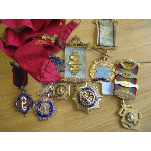 103 - RAOB collection of enamelled jewels with silver hallmarked (9) and others (4) in mixed condition. Qt... 