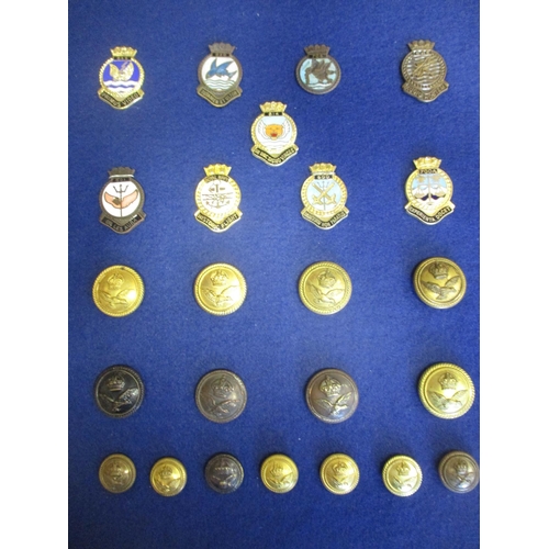 114 - Royal Navy, Marines and RAF mainly badge collection mounted on 6 boards including silk postcard, RNA... 