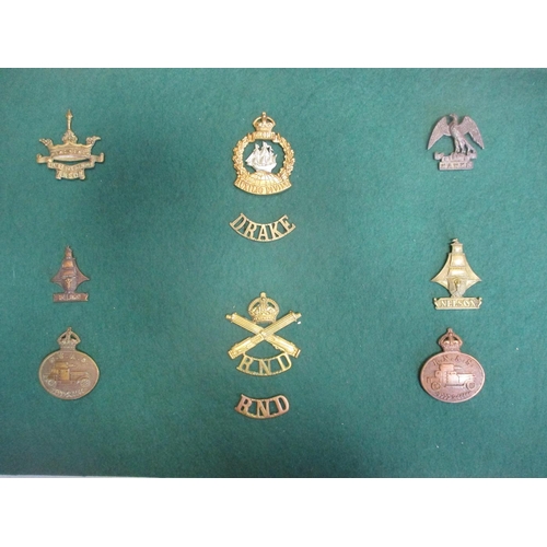 114 - Royal Navy, Marines and RAF mainly badge collection mounted on 6 boards including silk postcard, RNA... 