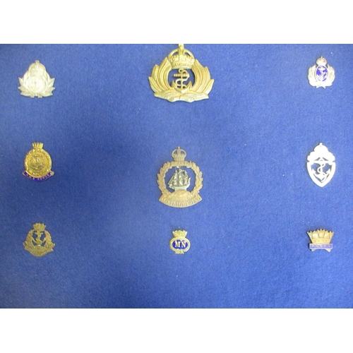 115 - Royal Navy Division mainly badge collection mounted on 4 boards including silk postcard, sweetheart ... 