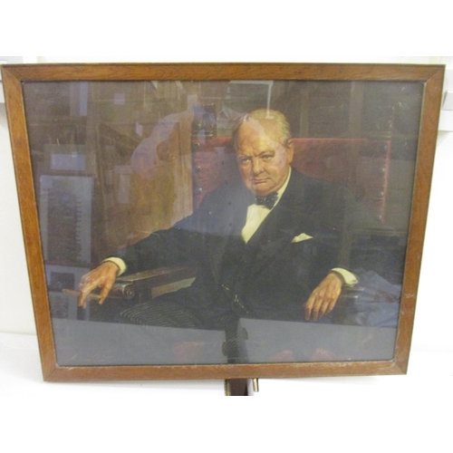 134 - No 605 Sqn RAF Collection. Framed colour print of Winston Churchill seated with cigar by Arthur Pan ... 