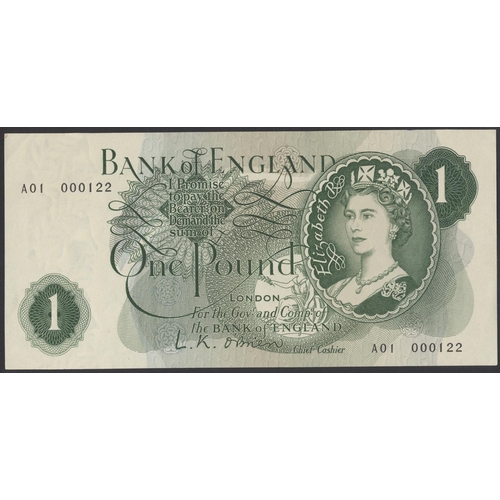 180 - L.K. O'Brien. £1 1960 (17 Mar) A01 000122 low first run near uncirculated. Plus £1 1970 DW28 555555 ... 