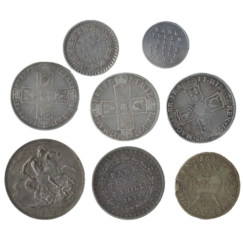 270 - Crown to 10d range with crown 1902, half crowns 1697, 1707, 1746LIMA, bank tokens 3/- 1811, 18d 1811... 