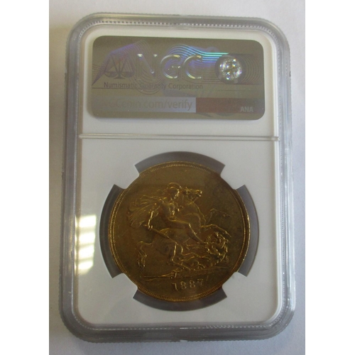 336 - Investment Gold Lot - documents required. 1887 £5 encased by NGC AU53. (Y)