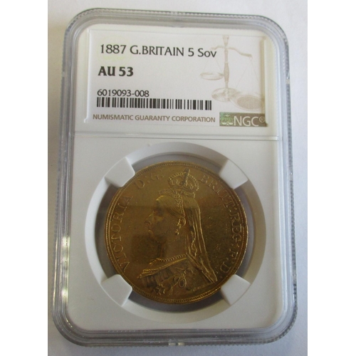 336 - Investment Gold Lot - documents required. 1887 £5 encased by NGC AU53. (Y)