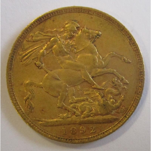 346 - Investment Gold Lot - documents required. 1892 sovereign fine. (Y)