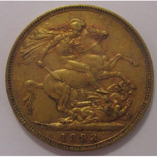 354 - Investment Gold Lot - documents required. 1893M sovereign fine. (Y)