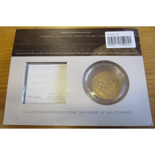 394 - Investment Gold Lot - documents required. 1902 £5 fine in Royal Mint Collector Services card. (Y)