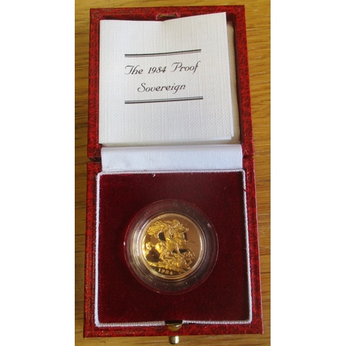 436 - Investment Gold Lot - documents required. 1984 sovereign boxed proof FDC. (Y)