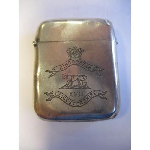 44 - Boer War silver tribute vesta match case with Leicestershire Regiment logo and engraved 