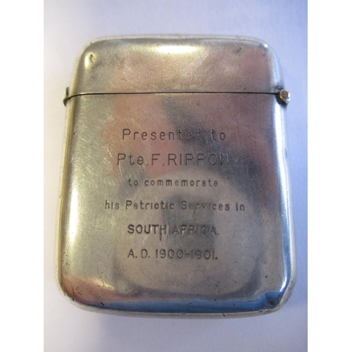 44 - Boer War silver tribute vesta match case with Leicestershire Regiment logo and engraved 