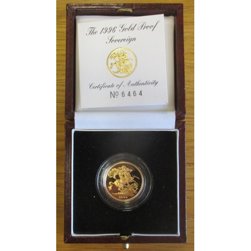 456 - Investment Gold Lot - documents required. 1996 sovereign boxed proof FDC. (Y)