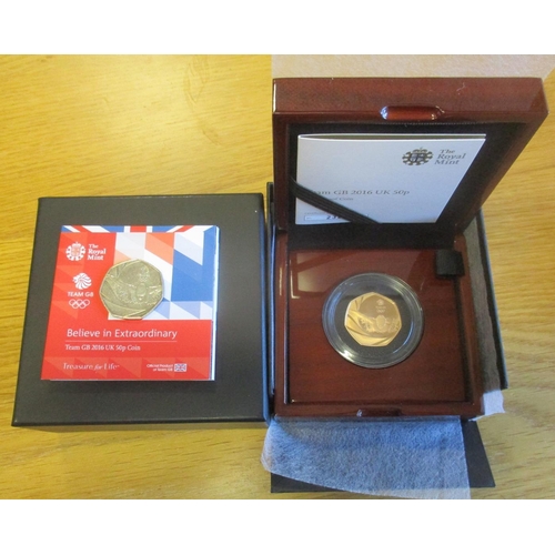 493 - Investment Gold Lot - documents required. 2016 Team GB boxed proof 50p FDC, plus circulated CuNi ver... 