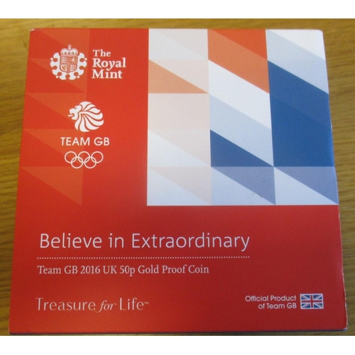 493 - Investment Gold Lot - documents required. 2016 Team GB boxed proof 50p FDC, plus circulated CuNi ver... 