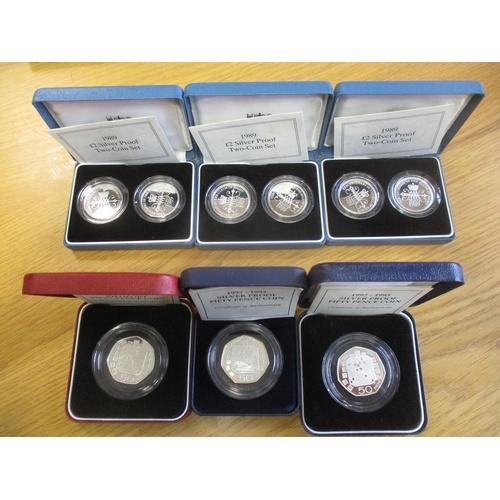 649 - Range of boxed silver proofs FDC, with £2 1989 twin set (3), £1 piedfort 1987, 1998, 2002 (2), 2003,... 