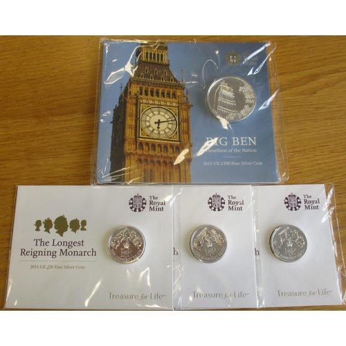 650 - Range of uncirculated silver on Royal Mint cards, with £100 2015 Big Ben, Buckingham Palace (2), £20... 