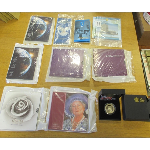 669 - Collection with slight smoke odour including, silver boxed proofs FDC £5 1999 Millennium, 2006, pied... 