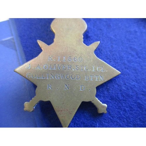 67 - 1914 Star to K.11560 J.A. Oliver Sto 1 Cl Collingwood Bttn R.N.D., BWM and Victory Medal to K.11560 ... 