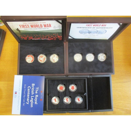 698 - Range of WWI and WWII related boxed silver proof coins and sets FDC, with Alderney 2018 Remembrance ... 