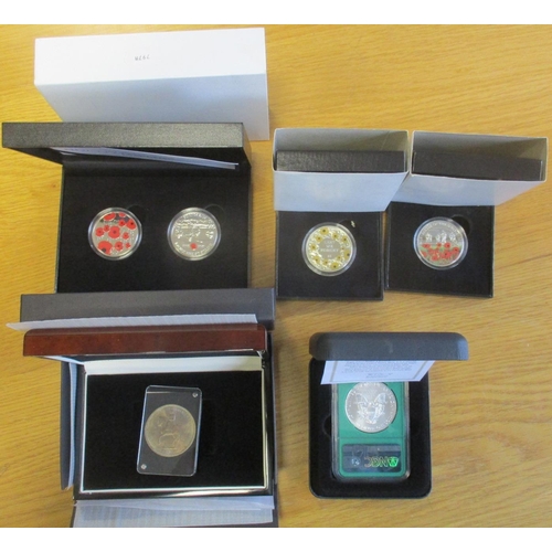 715 - Range of WWI and WWII related boxed silver proofs FDC, with Alderney 2019 set of 3 (£5, £2 and £1), ... 