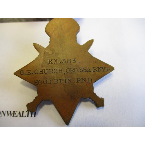 72 - 1914 Star with copy date bar to KX.383 G.E. Church Ord Sea RNVR Hood Bttn R.N.D. good very fine. Geo... 