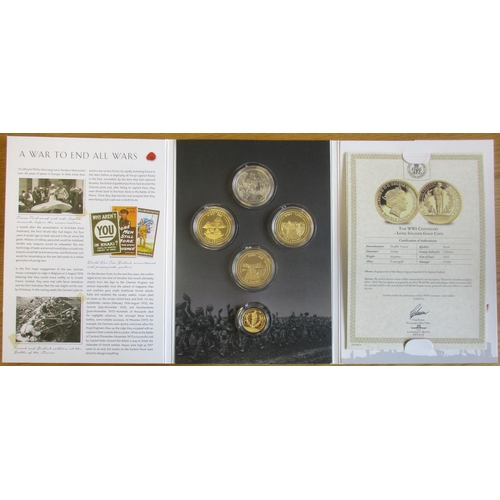 731 - Gibraltar. 2018 'A War to End All Wars' proof set of 5 FDC in folder, with 9 gold double crown (26mm... 