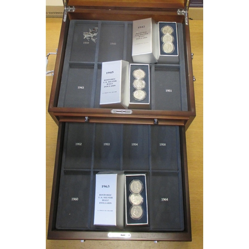 739 - USA. Collection in 4 wooden presentation cases with Historic Silver Dollars range by Danbury Mint wi... 