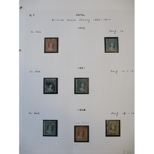 139 - Natal. M/U coln on leaves with range of Chalon heads, 1867 1/- FU, 1870 1/- FU, 1870 1/- og, 1874-99... 