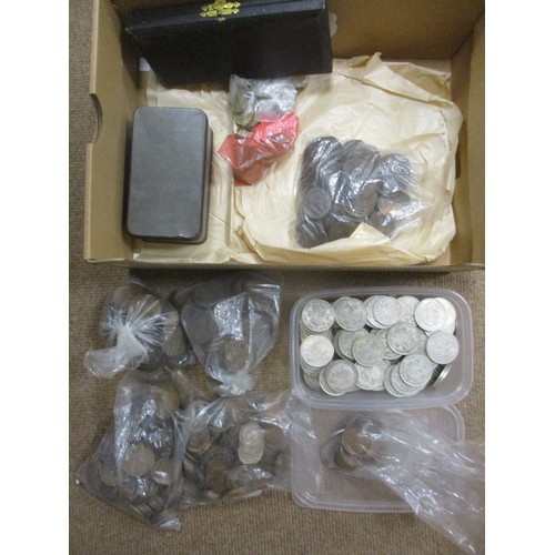 259 - GB accumulation in wooden box, tubs, bags etc, useful silver content plus cigarette and trade cards,... 