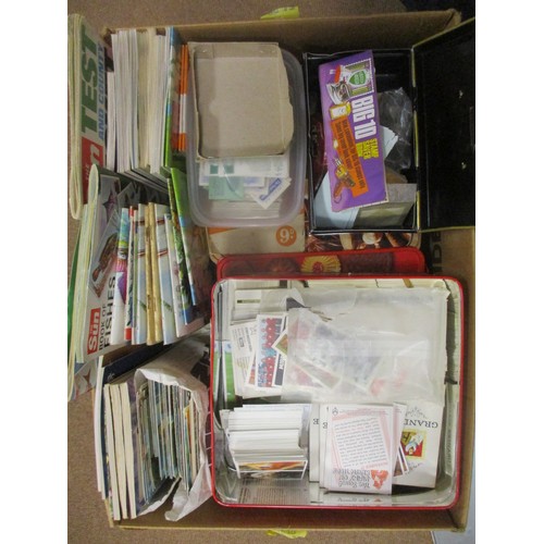 259 - GB accumulation in wooden box, tubs, bags etc, useful silver content plus cigarette and trade cards,... 