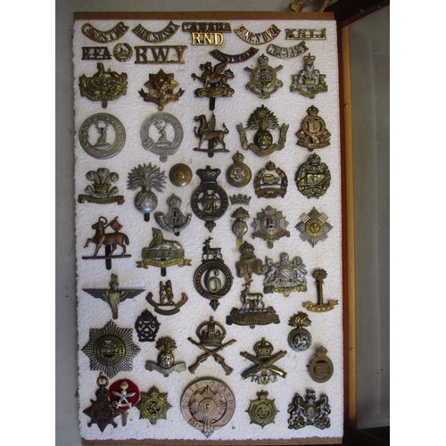 136 - Collection of mainly cap badges and shoulder titles mounted on polystyrene within 2 glass frames, sh... 