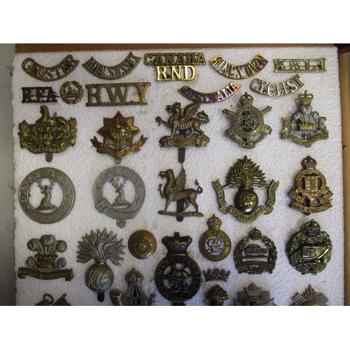 136 - Collection of mainly cap badges and shoulder titles mounted on polystyrene within 2 glass frames, sh... 